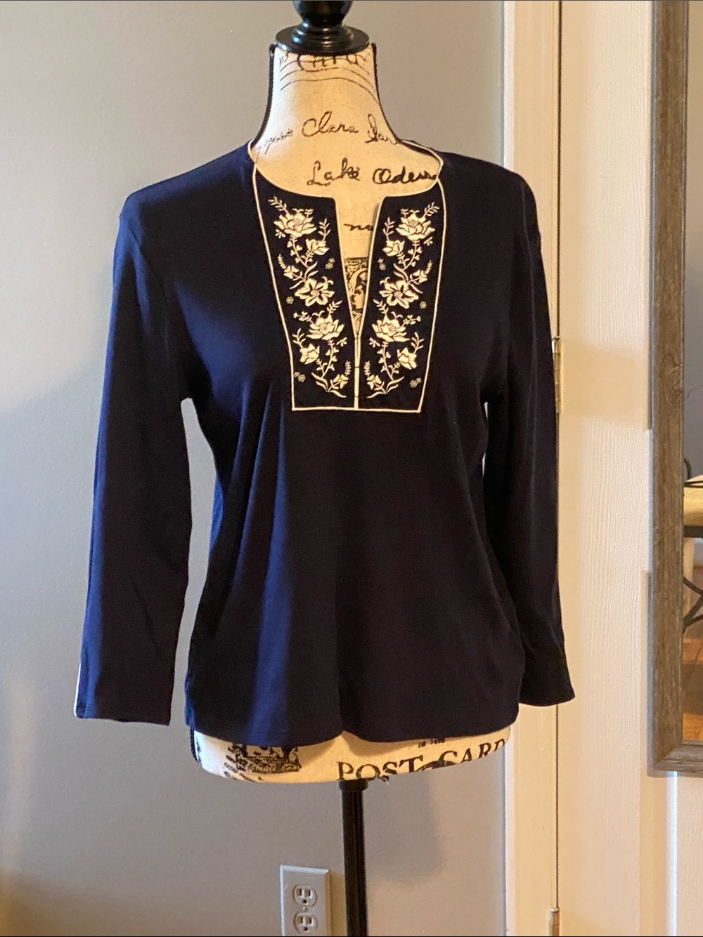 Ralph Lauren Navy Long-Sleeve Top with White Floral Embroidery